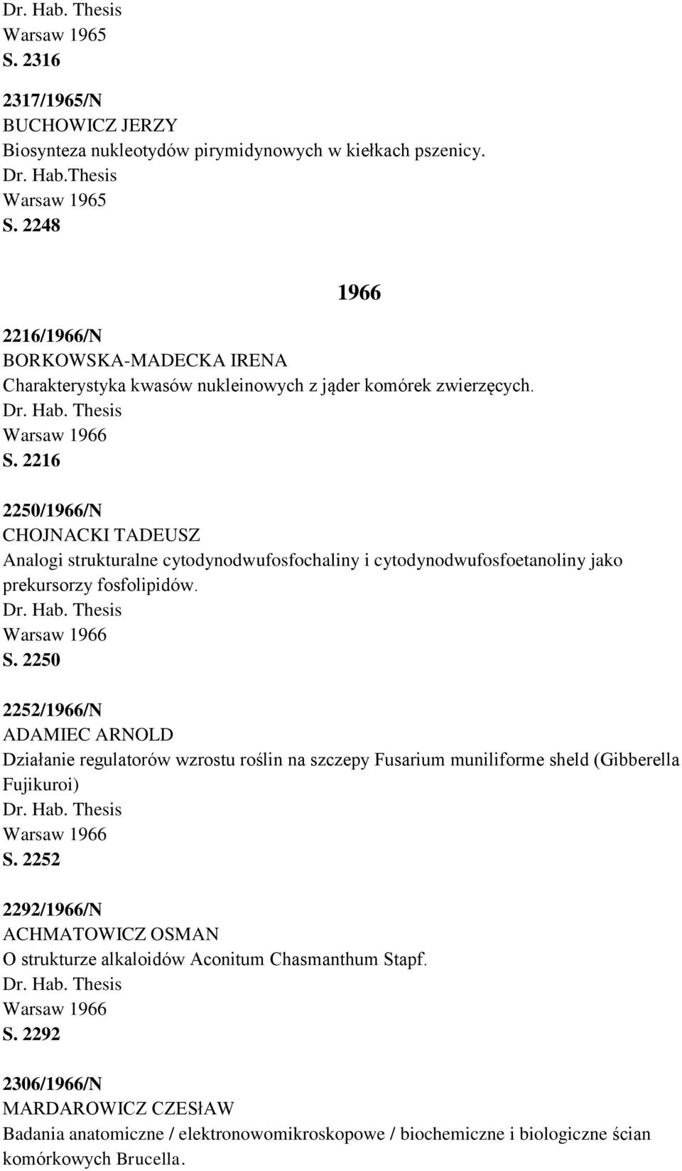 2216 2250/1966/N CHOJNACKI TADEUSZ Analogi strukturalne cytodynodwufosfochaliny i cytodynodwufosfoetanoliny jako prekursorzy fosfolipidów. Warsaw 1966 S.