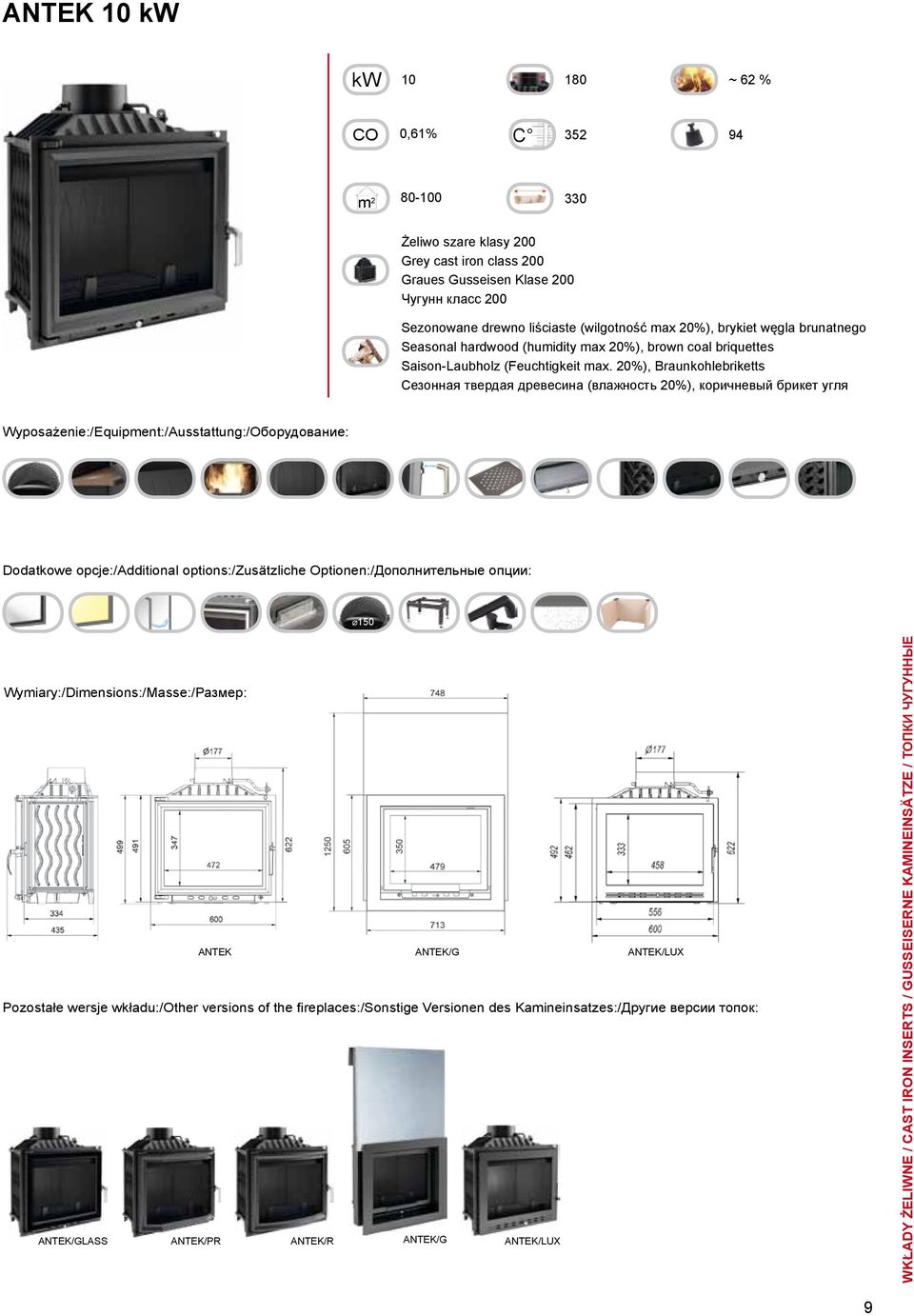 options:/zusätzliche Optionen:/Дополнительные опции: Ø150 ANTEK ANTEK/G ANTEK/LUX Pozostałe wersje wkładu:/other versions of the fireplaces:/sonstige