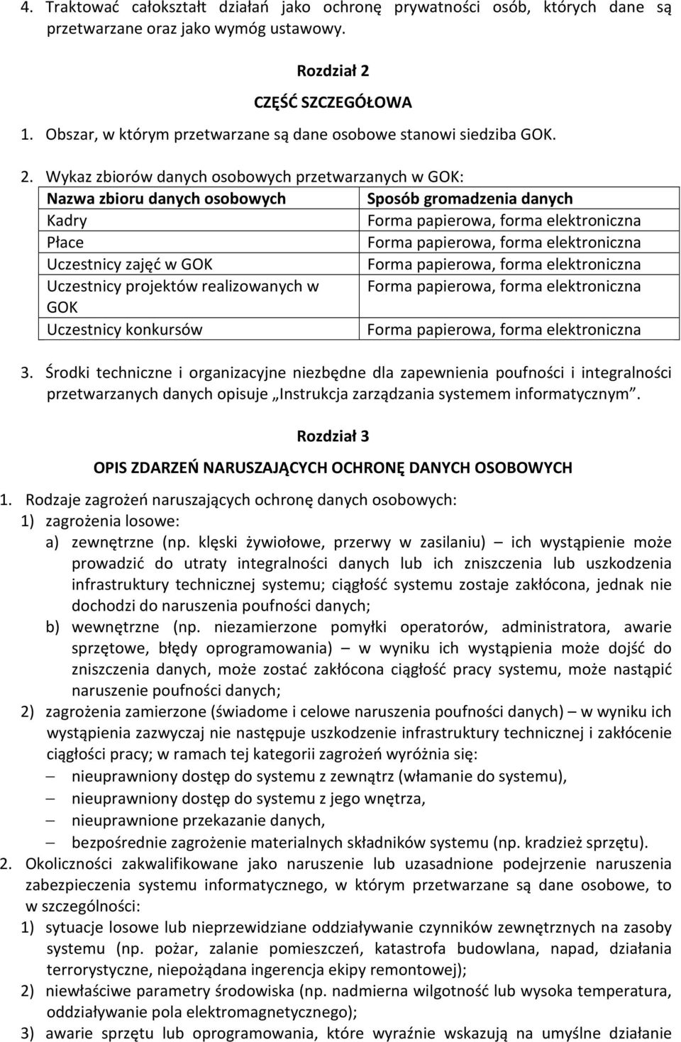 Wykaz zbiorów danych osobowych przetwarzanych w GOK: Nazwa zbioru danych osobowych Sposób gromadzenia danych Kadry Forma papierowa, forma elektroniczna Płace Forma papierowa, forma elektroniczna