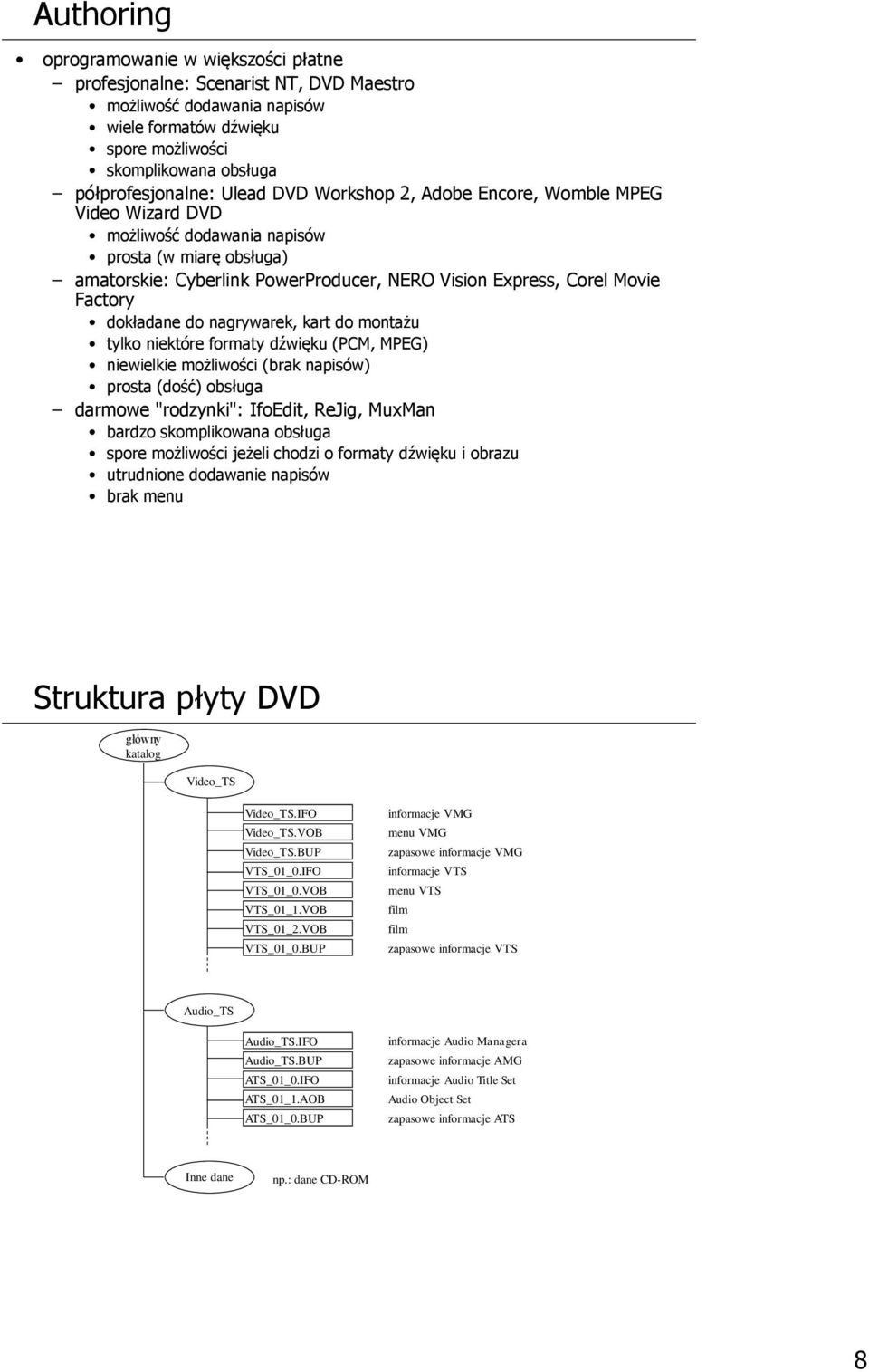 do nagrywarek, kart do montażu tylko niektóre formaty dźwięku (PCM, MPEG) niewielkie możliwości (brak napisów) prosta (dość) obsługa darmowe "rodzynki": IfoEdit, ReJig, MuxMan bardzo skomplikowana