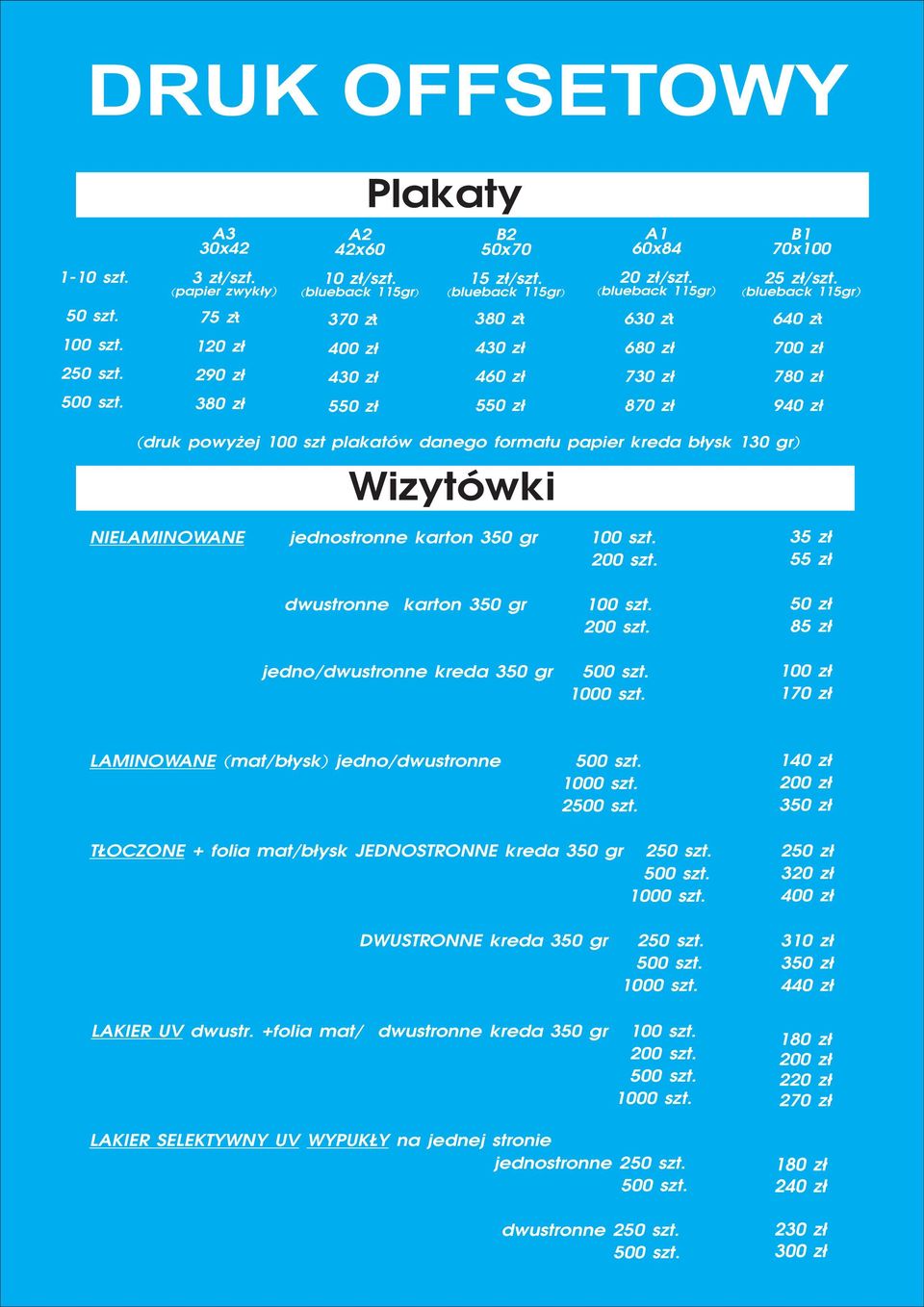 430 zł 460 zł 730 zł 780 zł 550 zł 550 zł 870 zł 940 zł (druk powyżej 100 szt plakatów danego formatu papier kreda błysk 130 gr) Wizytówki NIELAMINOWANE jednostronne karton 350 gr 100 szt.