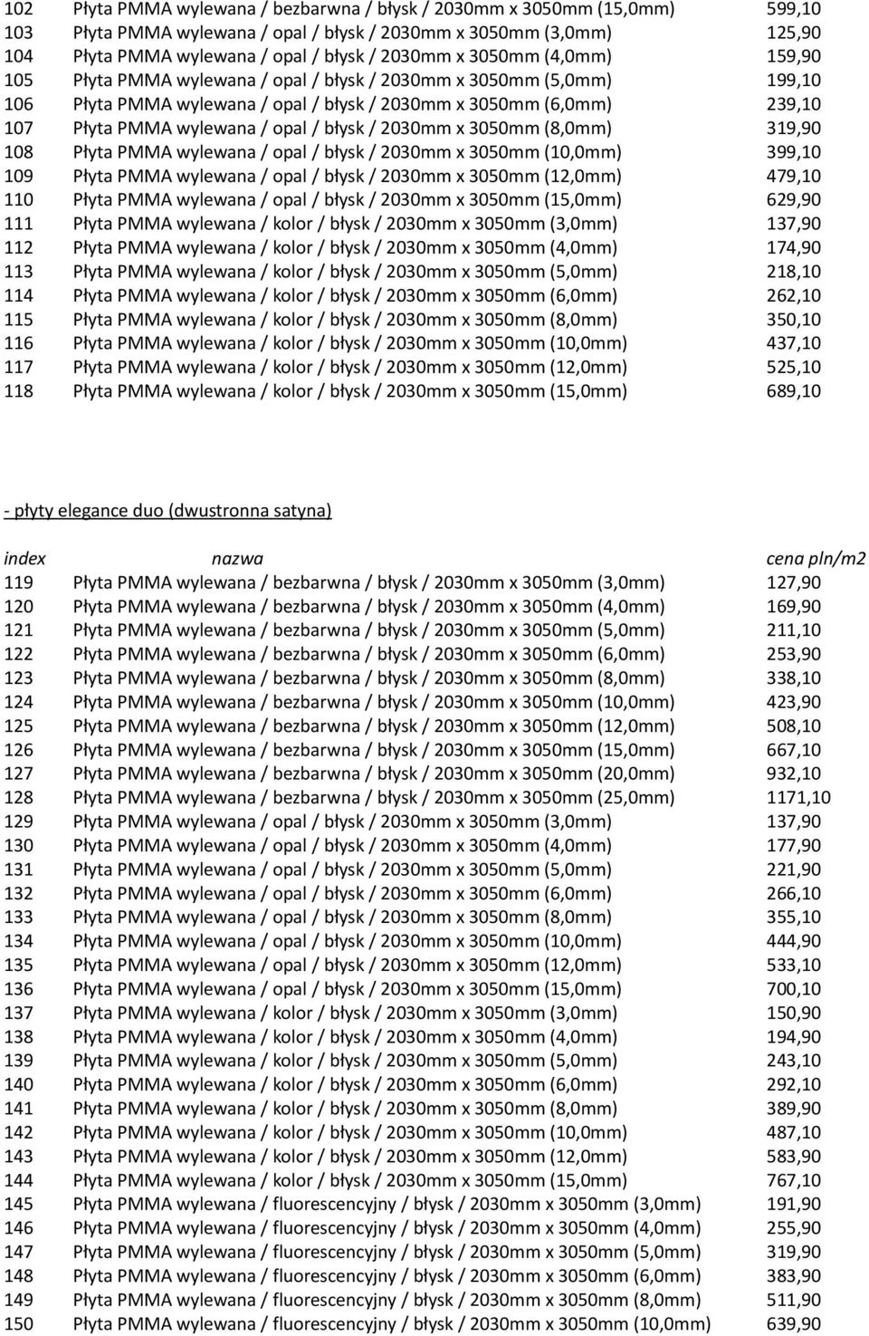 błysk / 2030mm x 3050mm (8,0mm) 319,90 108 Płyta PMMA wylewana / opal / błysk / 2030mm x 3050mm (10,0mm) 399,10 109 Płyta PMMA wylewana / opal / błysk / 2030mm x 3050mm (12,0mm) 479,10 110 Płyta PMMA