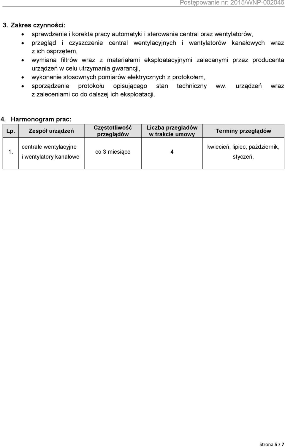 elektrycznych z protokołem, sporządzenie protokołu opisującego stan techniczny ww. urządzeń wraz z zaleceniami co do dalszej ich eksploatacji. 4. Harmonogram prac: Lp.