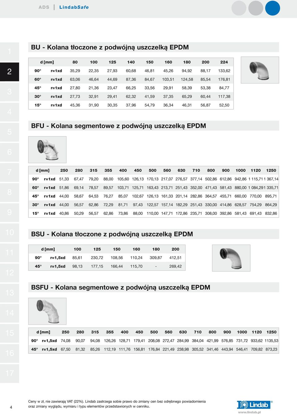 0, 0,,,,,00 0,00,,, 0,00,,,, BSU - Kolana tłoczone z podwójną uszczelką EPDM d 0 0 0 0 00 0 r=,xd, 0,, 0, 0,, r=,xd,,,,0 -, BSFU - Kolana segmentowe z podwójną uszczelką EPDM d 0 0 00