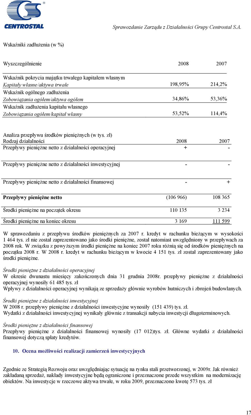 ogółem/aktywa ogółem 34,86% 53,36% Wskaźnik zadłużenia kapitału własnego Zobowiązania ogółem/kapitał własny 53,52% 114,4% Analiza przepływu środków pieniężnych (w tys.