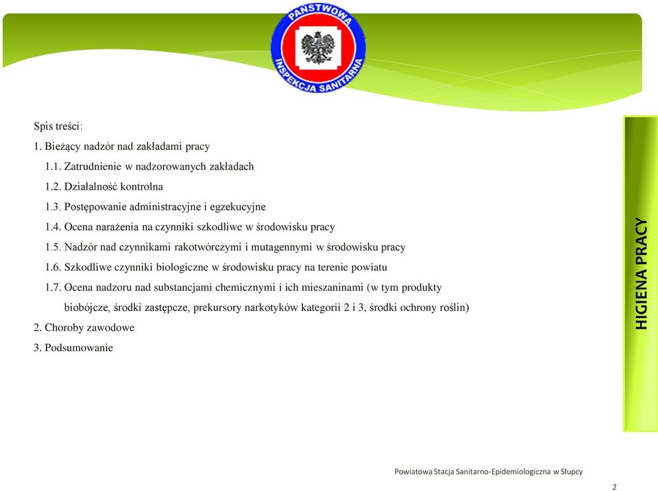 Nadzór nad czynnikami rakotwórczymi i mutagennymi w środowisku pracy 1.6. Szkodliwe czynniki biologiczne w środowisku pracy na terenie powiatu 1.7.