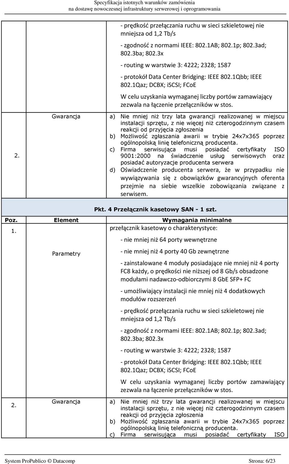 1Qaz; DCBX; iscsi; FCoE W celu uzyskania wymaganej liczby portów zamawiający zezwala na łączenie przełączników w stos. 2.