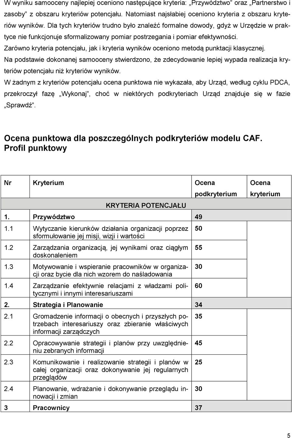 Zarówno kryteria potencjału, jak i kryteria wyników oceniono metodą punktacji klasycznej.