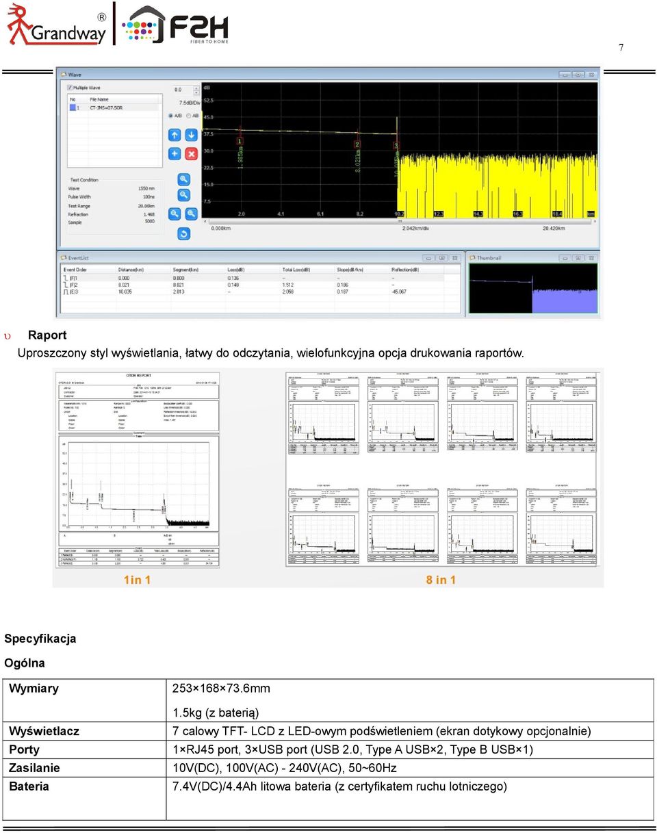 5kg (z baterią) 7 calowy TFT- LCD z LED-owym podświetleniem (ekran dotykowy opcjonalnie) 1 RJ45 port, 3 USB