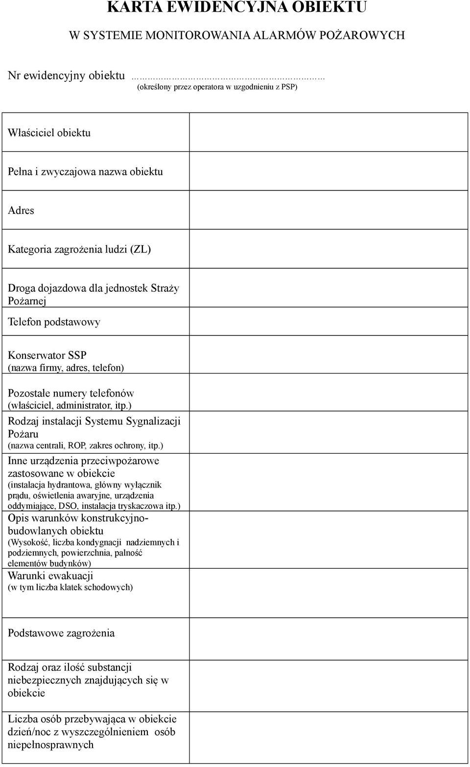 itp.) Rodzaj instalacji Systemu Sygnalizacji Pożaru (nazwa centrali, ROP, zakres ochrony, itp.