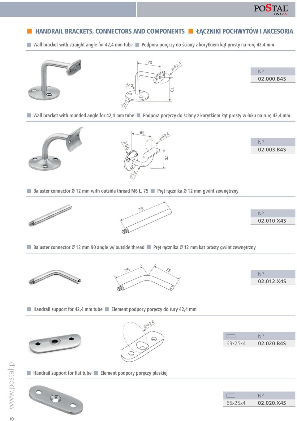 B4S Baluster connector Ø 12 mm with outside thread M6 L. 75 Pr t łàcznika Ø 12 mm gwint zewn trzny 02.010.