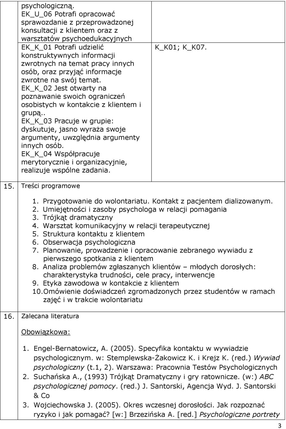 innych osób, oraz przyjąć informacje zwrotne na swój temat. EK_K_02 Jest otwarty na poznawanie swoich ograniczeń osobistych w kontakcie z klientem i grupą.