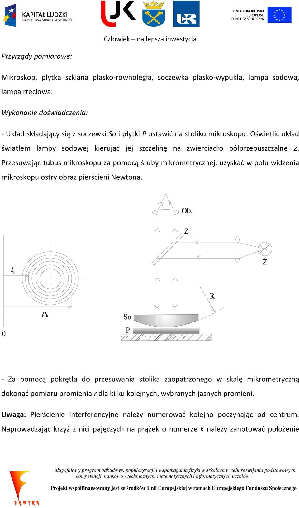 Oświetlić układ światłem lampy sodowej kierując jej szczelinę na zwierciadło półprzepuszczalne Z.