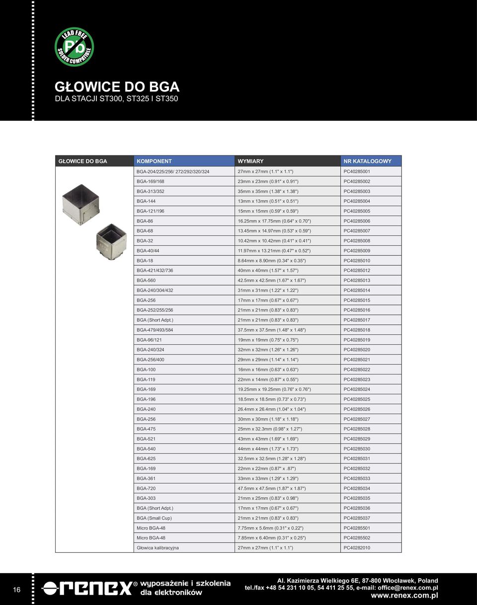 64" x 0.70") PC40285006 BGA-68 13.45mm x 14.97mm (0.53" x 0.59") PC40285007 BGA-32 10.42mm x 10.42mm (0.41" x 0.41") PC40285008 BGA-40/44 11.97mm x 13.21mm (0.47" x 0.52") PC40285009 BGA-18 8.