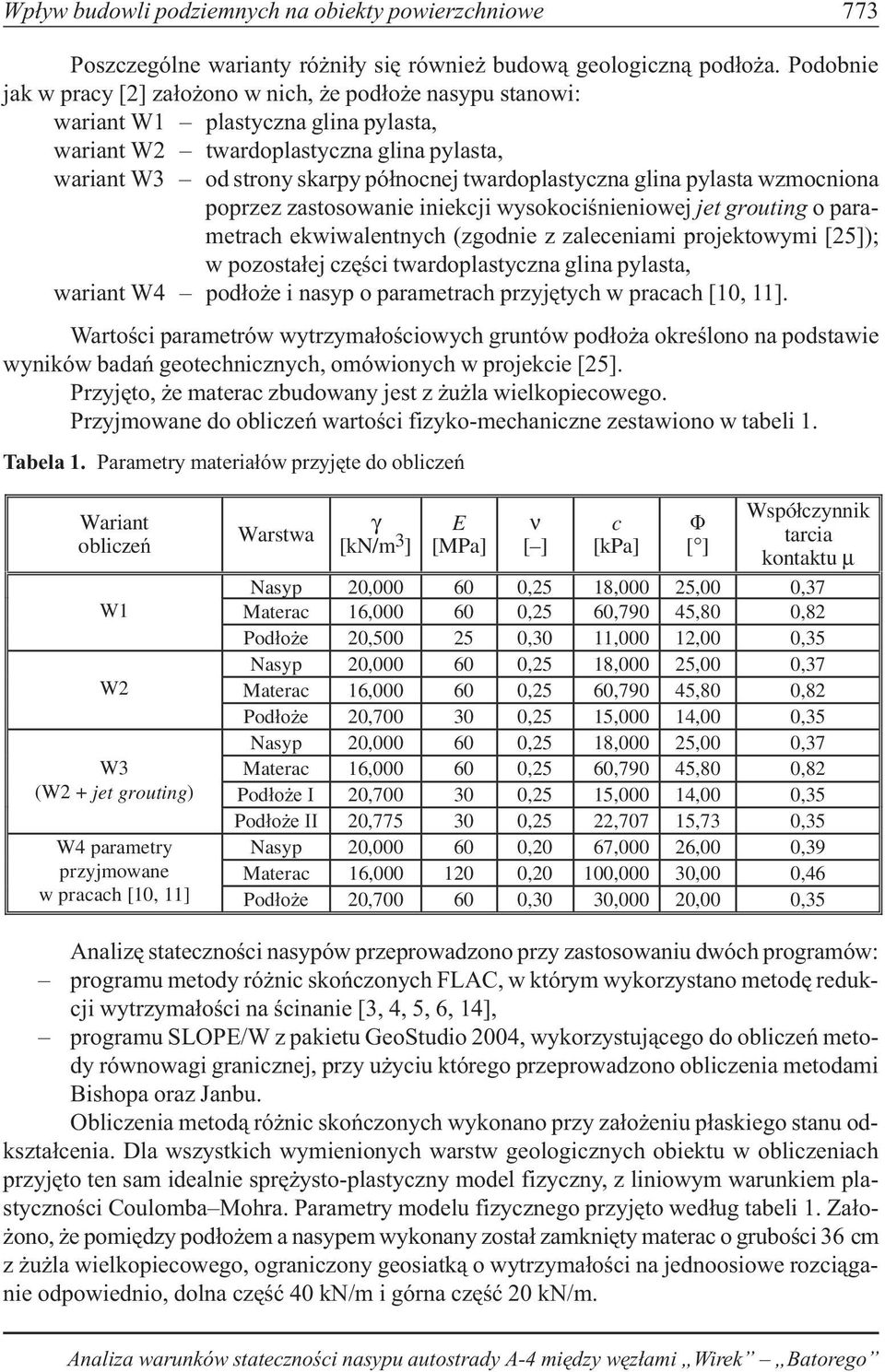 twardoplastyczna glina pylasta wzmocniona poprzez zastosowanie iniekcji wysokociœnieniowej jet grouting o parametrach ekwiwalentnych (zgodnie z zaleceniami projektowymi [25]); w pozosta³ej czêœci