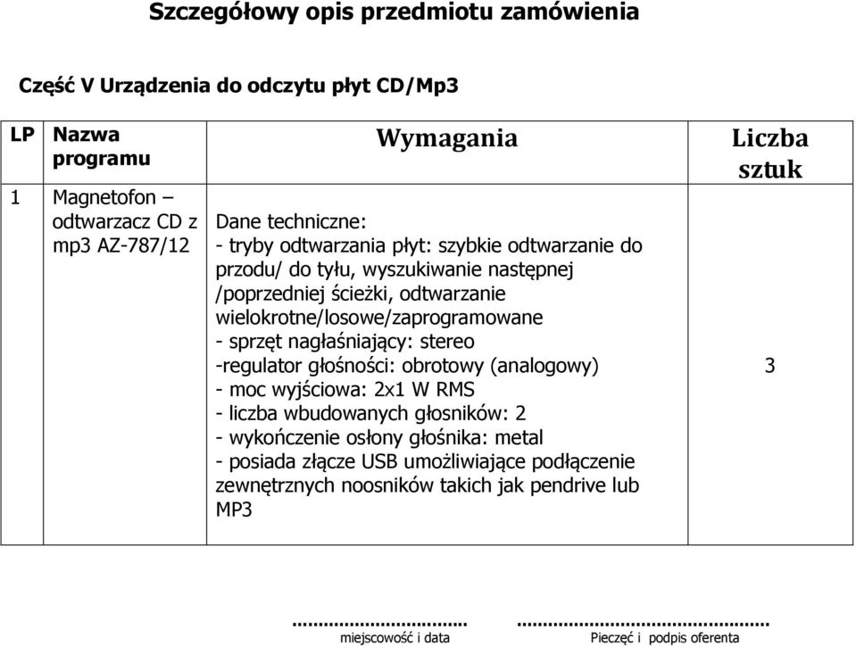 wielokrotne/losowe/zaprogramowane - sprzęt nagłaśniający: stereo -regulator głośności: obrotowy (analogowy) - moc wyjściowa: 2x W RMS - liczba