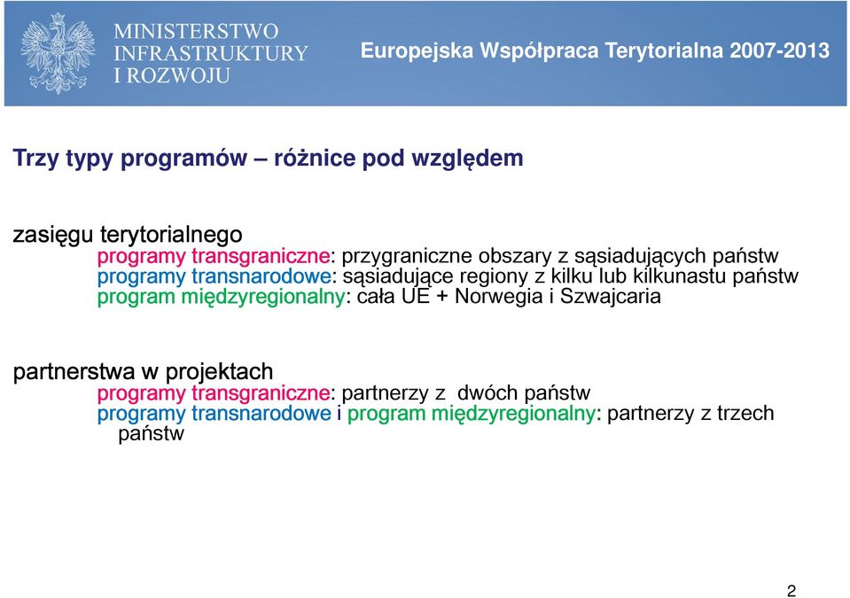 kilku lub kilkunastu państw program międzyregionalny: cała UE + Norwegia i Szwajcaria partnerstwa w projektach