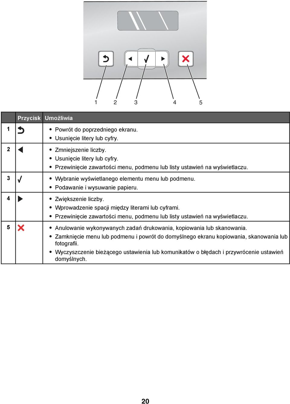 Przewinięcie zawartości menu, podmenu lub listy ustawień na wyświetlaczu. 5 Anulowanie wykonywanych zadań drukowania, kopiowania lub skanowania.