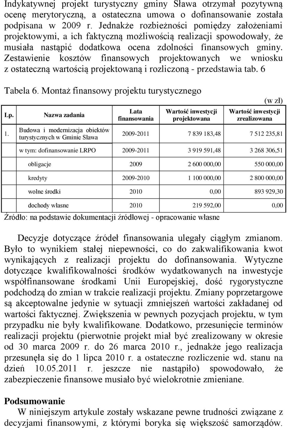 Zestawienie kosztów finansowych projektowanych we wniosku z ostateczną wartością projektowaną i rozliczoną - przedstawia tab. 6 Tabela 6. Montaż finansowy projektu turystycznego Lp. 1.
