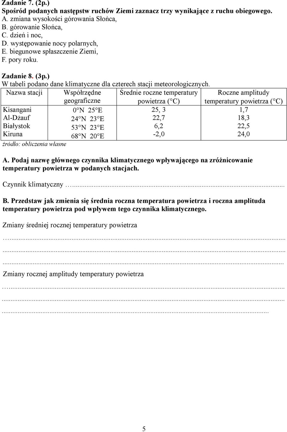 Nazwa stacji Współrzędne geograficzne Średnie roczne temperatury powietrza ( C) Roczne amplitudy temperatury powietrza ( C) Kisangani 0 N 25 E 25, 3 1,7 Al-Dżauf 24 N 23 E 22,7 18,3 Białystok 53 N 23