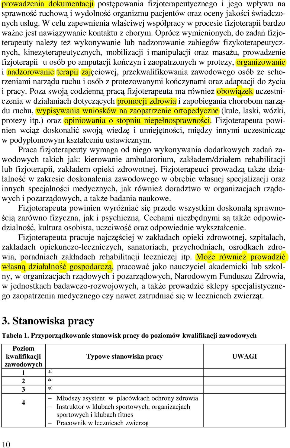 Oprócz wymienionych, do zadań fizjoterapeuty należy też wykonywanie lub nadzorowanie zabiegów fizykoterapeutycznych, kinezyterapeutycznych, mobilizacji i manipulacji oraz masażu, prowadzenie