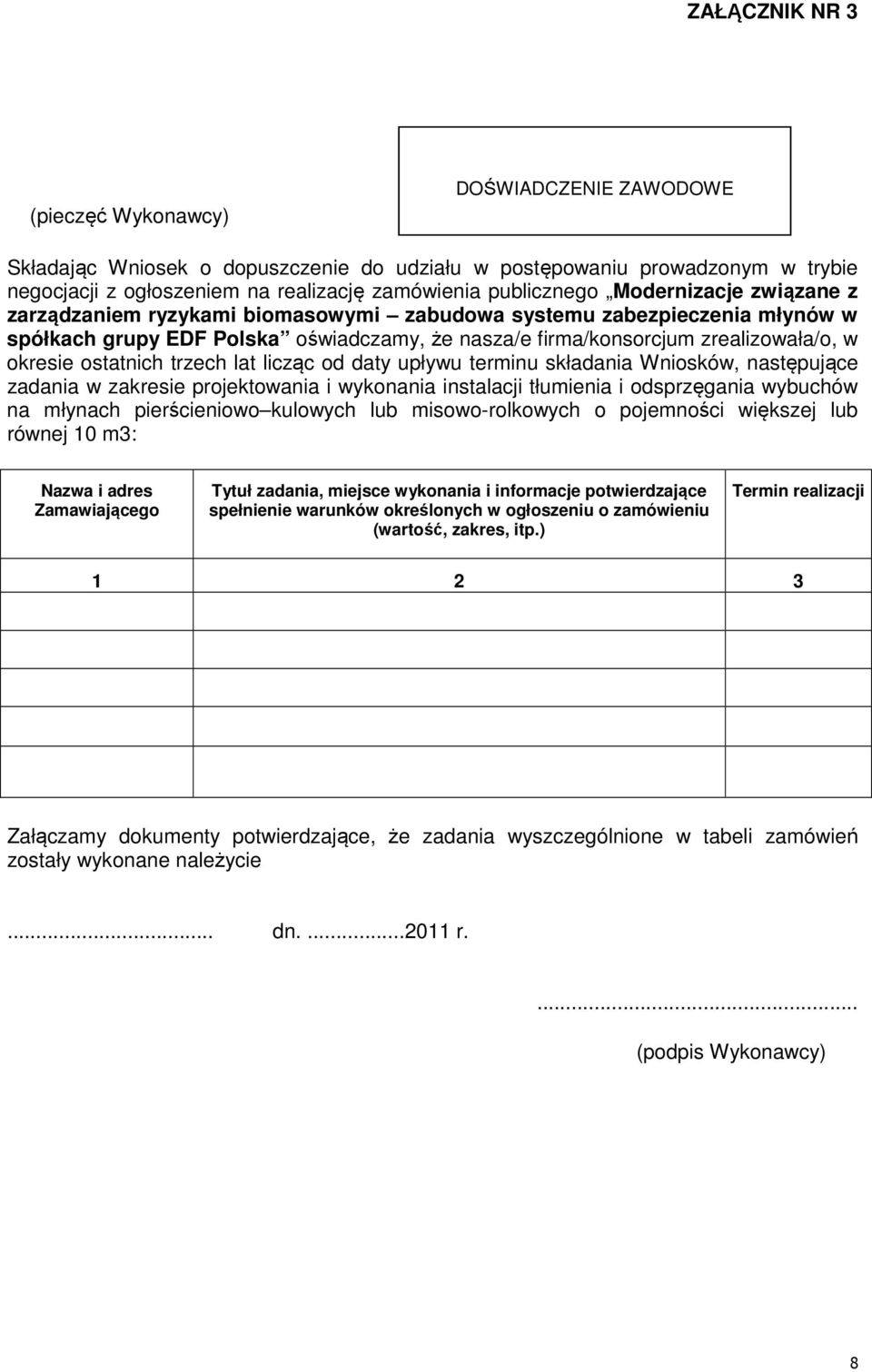 ostatnich trzech lat licząc od daty upływu terminu składania Wniosków, następujące zadania w zakresie projektowania i wykonania instalacji tłumienia i odsprzęgania wybuchów na młynach pierścieniowo