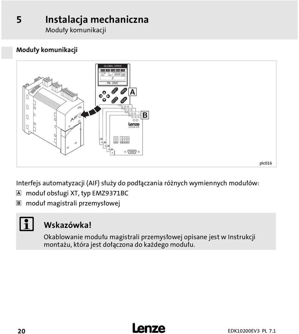 rónych wymiennych modułów: moduł obsługi XT, typ EMZ9371BC moduł magistrali przemysłowej Wskazówka!