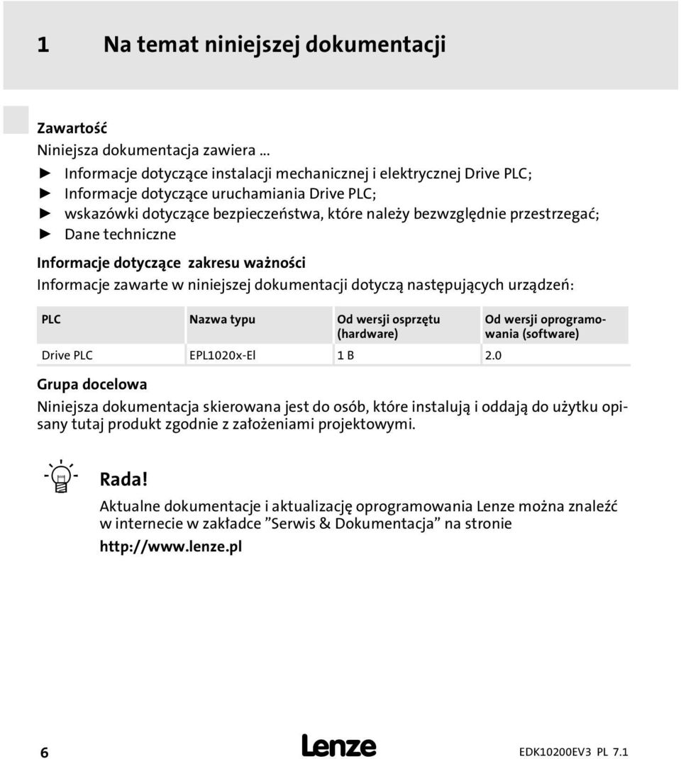 ƒ Dane techniczne Informacje dotyczące zakresu waności Informacje zawarte w niniejszej dokumentacji dotyczą następujących urządzeń: PLC Nazwa typu Od wersji osprzętu (hardware) Drive PLC EPL1020x El