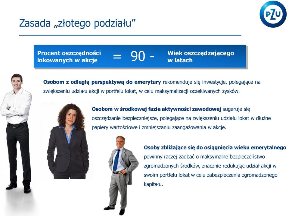 Osobom w środkowej fazie aktywności zawodowej sugeruje się oszczędzanie bezpieczniejsze, polegające na zwiększeniu udziału lokat w dłużne papiery wartościowe i zmniejszaniu