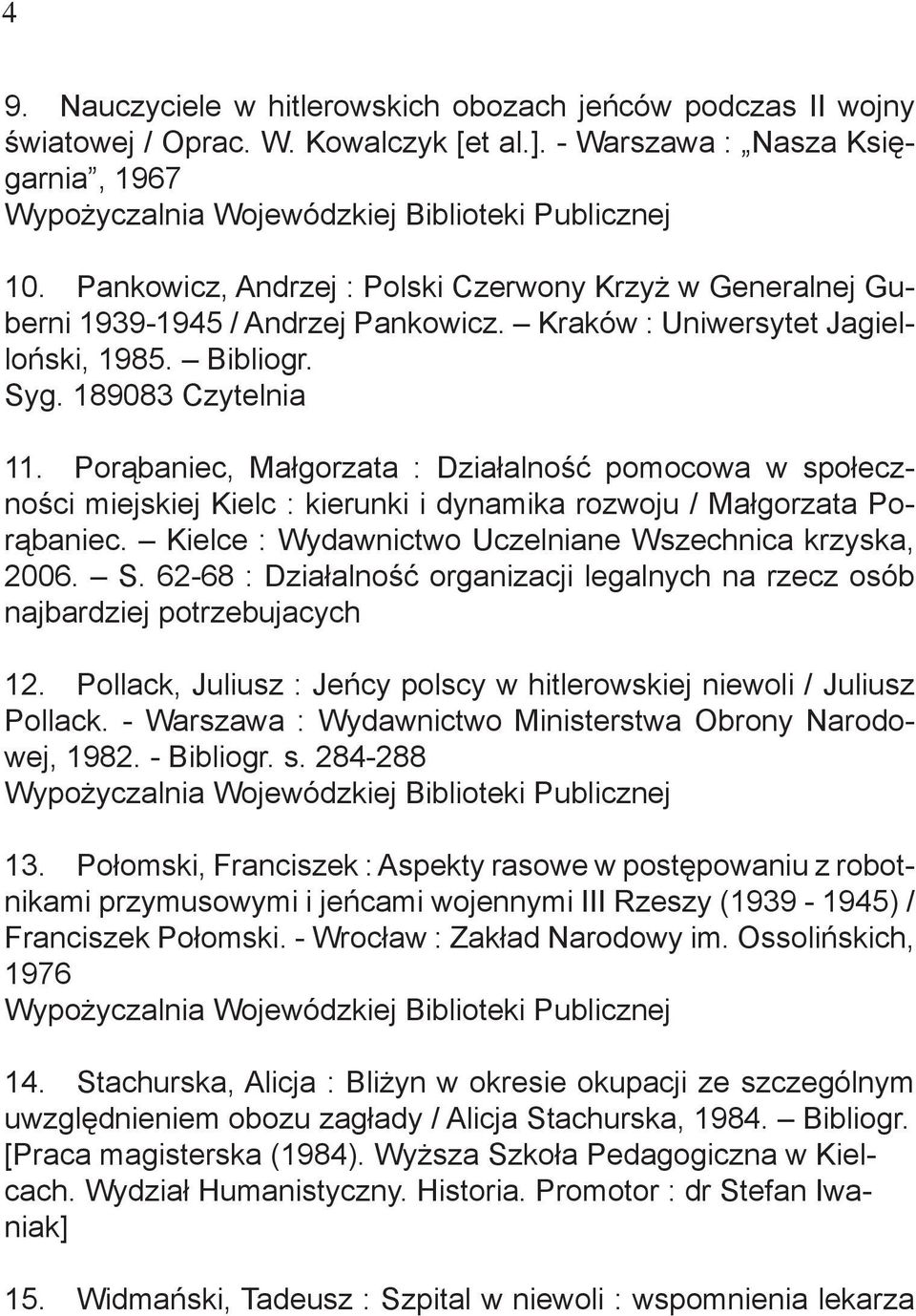 Porąbaniec, Małgorzata : Działalność pomocowa w społeczności miejskiej Kielc : kierunki i dynamika rozwoju / Małgorzata Porąbaniec. Kielce : Wydawnictwo Uczelniane Wszechnica krzyska, 2006. S.