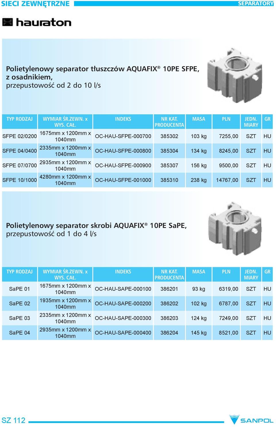 238 kg 14767,00 SZT HU Polietylenowy separator skrobi AQUAFIX 10PE SaPE, przepustowość od 1 do 4 l/s SaPE 01 SaPE 02 SaPE 03 SaPE 04 1935mm x 1200mm x 2335mm x 1200mm x 2935mm x 1200mm x