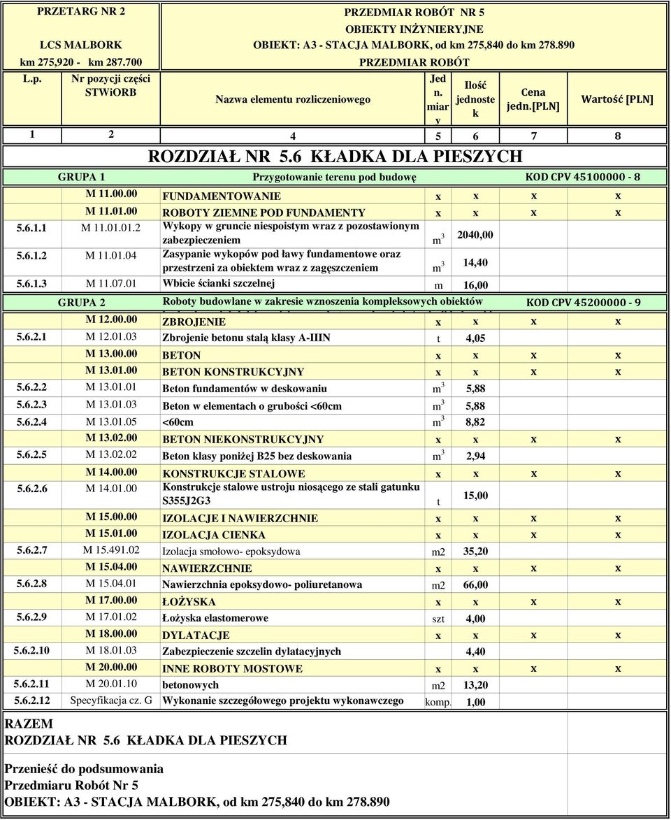 6.1.3 M 11.07.01 Wbicie ścianki szczelnej m 16,00 Roboty budowlane w zakresie wznoszenia kompleksowych obiektów KOD CPV 45200000-9 M 12.00.00 budowlanych lub ich części oraz roboty w zakresie inŝynierii lądowej i ZBROJENIE x x x x 5.