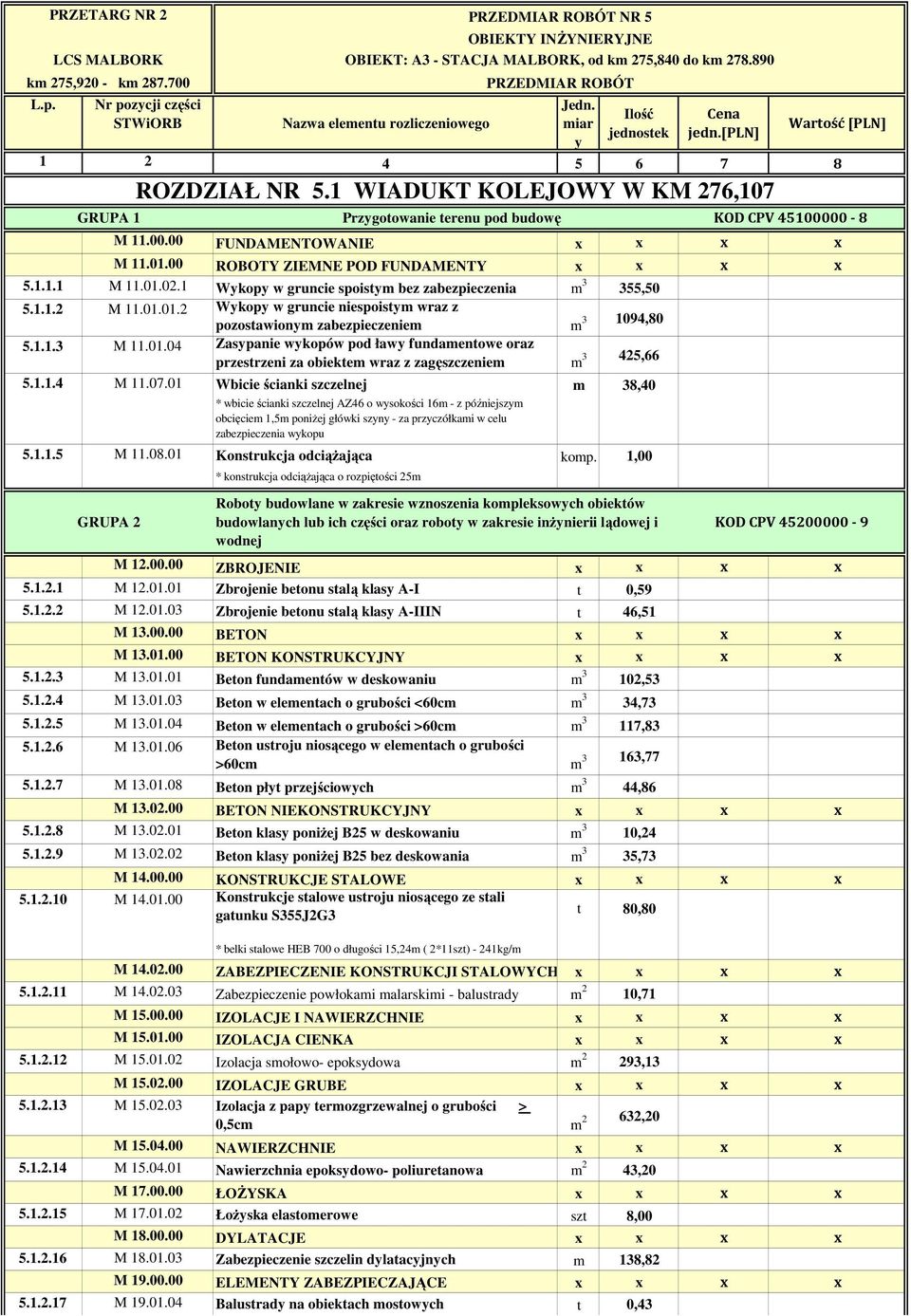 1.1.4 M 11.07.01 Wbicie ścianki szczelnej m 38,40 * wbicie ścianki szczelnej AZ46 o wysokości 16m - z późniejszym obcięciem 1,5m poniŝej główki szyny - za przyczółkami w celu zabezpieczenia wykopu 5.