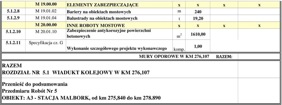 1.2.11 Specyfikacja cz. G Wykonanie szczegółowego projektu wykonawczego 1,00 komp. ROZDZIAŁ NR 5.