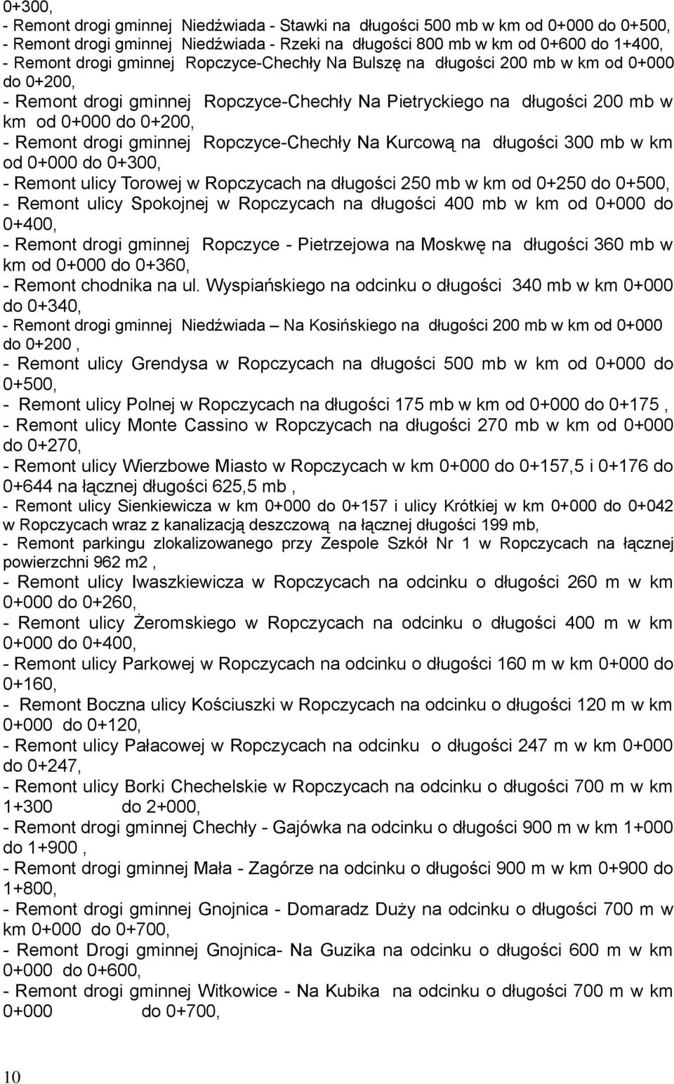 w km od + do +3, - Remont ulicy Torowej w Roczycach na długości 25 mb w km od +25 do +5, - Remont ulicy Sokojnej w Roczycach na długości 4 mb w km od + do +4, - Remont drogi gminnej Roczyce -