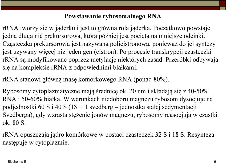 Po procesie transkrypcji cząsteczki rrna są modyfikowane poprzez metylację niektórych zasad. Przeróbki odbywają się na kompleksie rrna z odpowiednimi białkami.