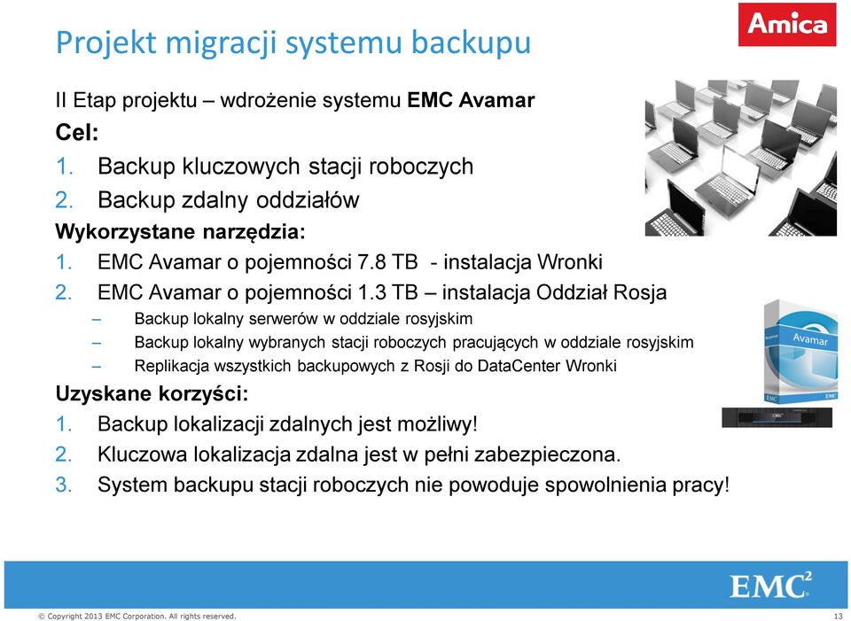 3 TB instalacja Oddział Rosja Backup lokalny serwerów w oddziale rosyjskim Backup lokalny wybranych stacji roboczych pracujących w oddziale rosyjskim Replikacja