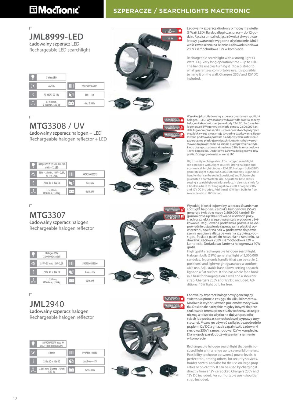 Ładowarki sieciowa 230V i samochodowa 12V w komplecie. Rechargeable searchlight with a strong light (3 Watt LED). Very long operation time up to 12h.