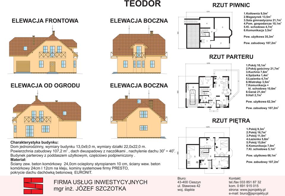 0 0 Powierzchnia zabudowy 0, m, dach dwuspadowy z naczółkami, nachylenie dachu 0 0. Budynek parterowy z poddaszem użytkowym, częściowo podpiwniczony. Ściany zew.