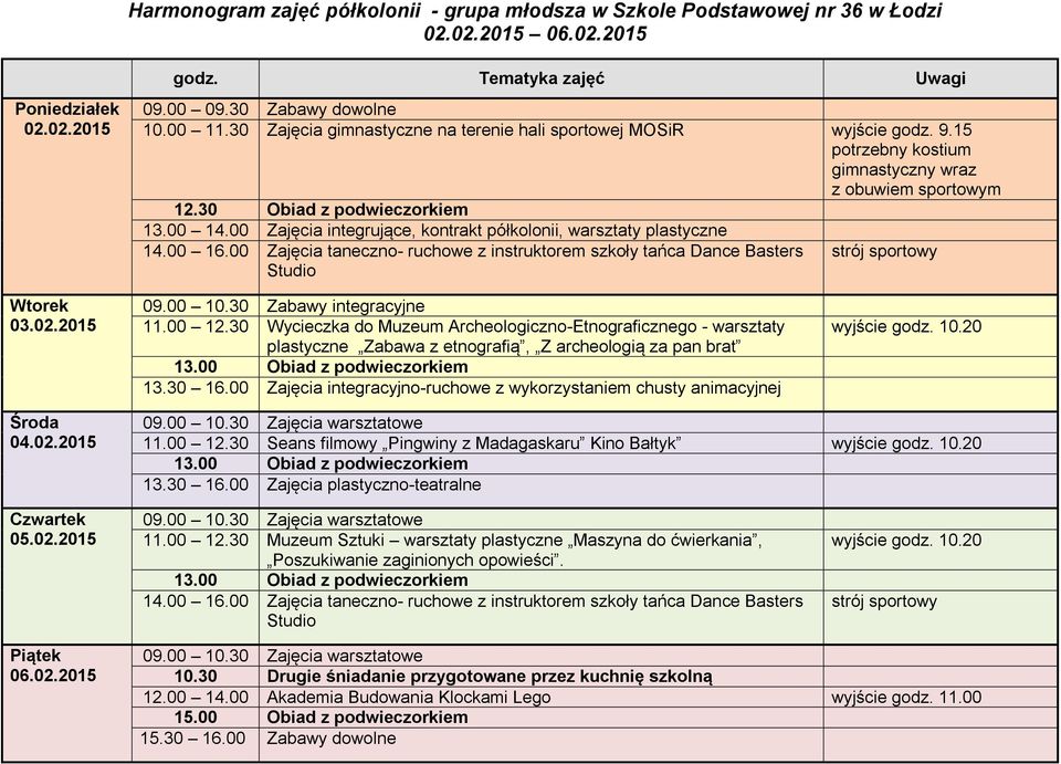 00 Zajęcia integrujące, kontrakt półkolonii, warsztaty plastyczne 14.00 16.00 Zajęcia taneczno- ruchowe z instruktorem szkoły tańca Dance Basters Studio 03.02.2015 09.00 10.30 Zabawy integracyjne 11.