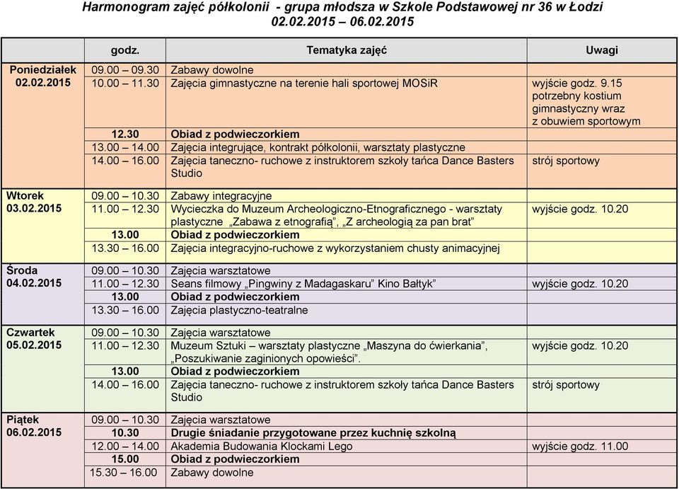 00 Zajęcia integrujące, kontrakt półkolonii, warsztaty plastyczne 14.00 16.00 Zajęcia taneczno- ruchowe z instruktorem szkoły tańca Dance Basters Studio 03.02.2015 09.00 10.30 Zabawy integracyjne 11.