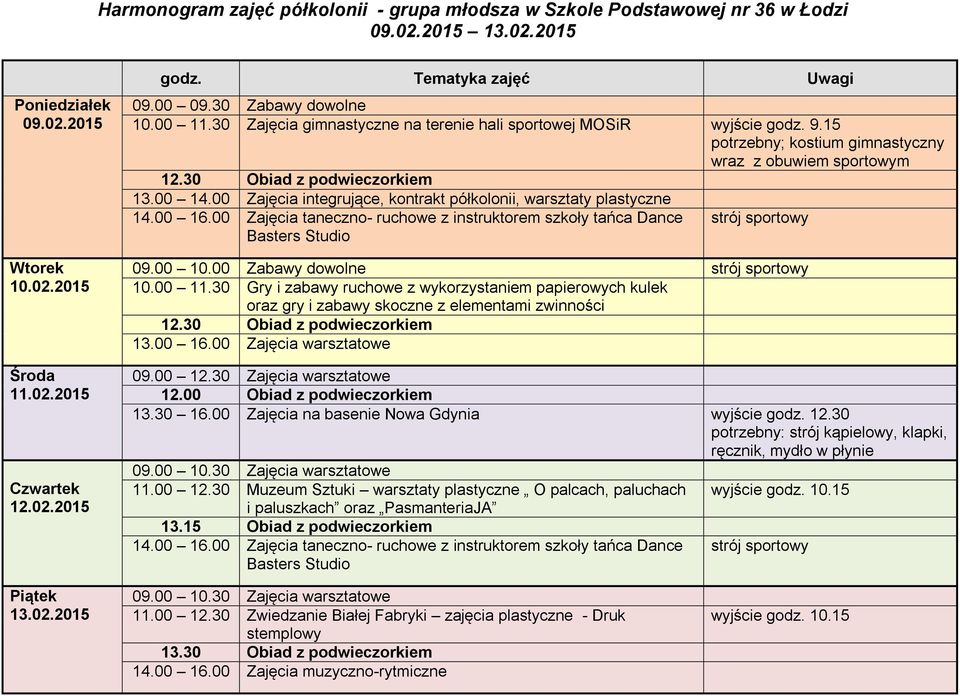 00 Zajęcia integrujące, kontrakt półkolonii, warsztaty plastyczne 14.00 16.00 Zajęcia taneczno- ruchowe z instruktorem szkoły tańca Dance Basters Studio 09.00 10.00 Zabawy dowolne 10.00 11.