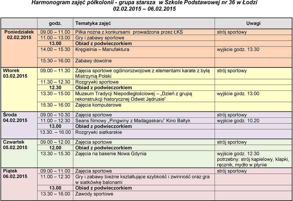 30 Rozgrywki sportowe 13.30 15.00 Muzeum Tradycji Niepodległościowej Dzień z grupą rekonstrukcji historycznej Odwet Jędrusie 15.30 16.00 Zajęcia komputerowe wyjście godz. 13.00 04.02.2015 05.02.2015 06.