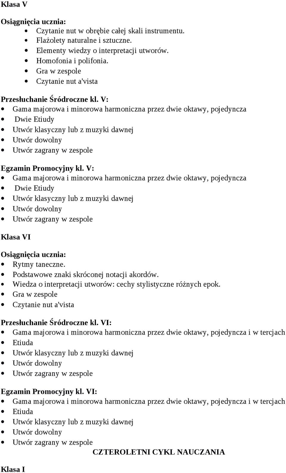 V: Gama majorowa i minorowa harmoniczna przez dwie oktawy, pojedyncza Klasa VI Rytmy taneczne. Podstawowe znaki skróconej notacji akordów.