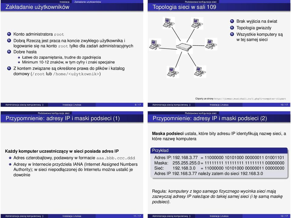 (/root lub /home/<użytkownik>) 1 Brak wyjścia na świat 2 Topologia gwiazdy 3 Wszystkie komputery sa w tej samej sieci Cliparty ze strony http://jimmac.musichall.cz/i.php?