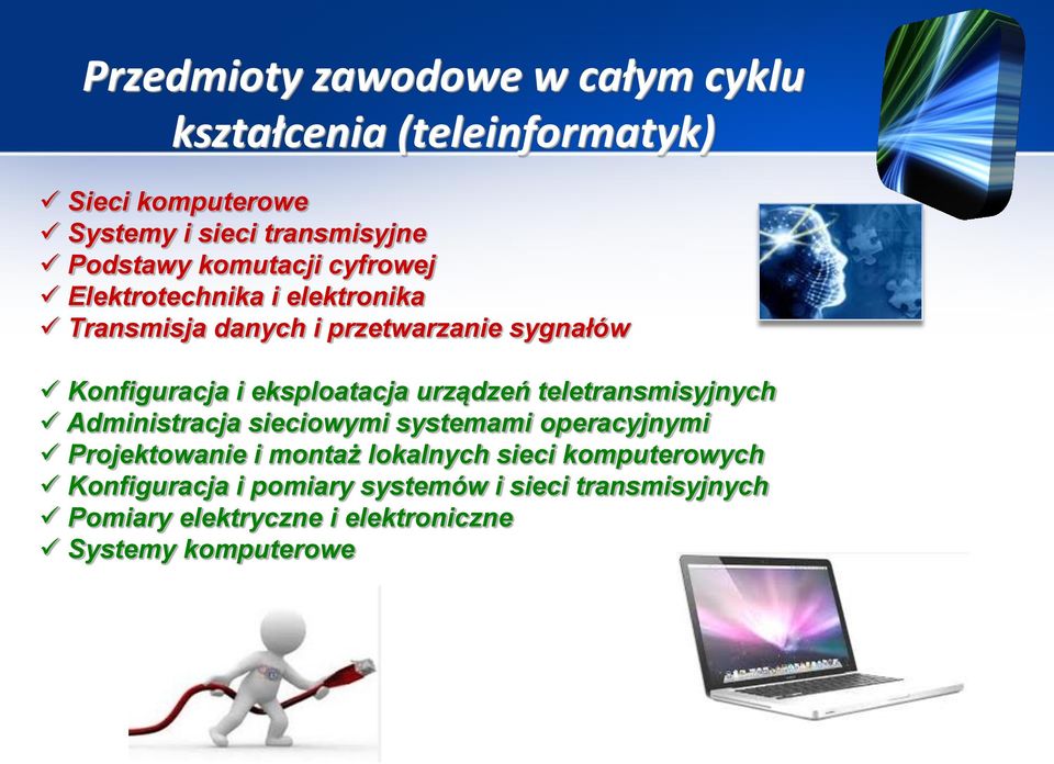 urządzeń teletransmisyjnych Administracja sieciowymi systemami operacyjnymi Projektowanie i montaż lokalnych sieci