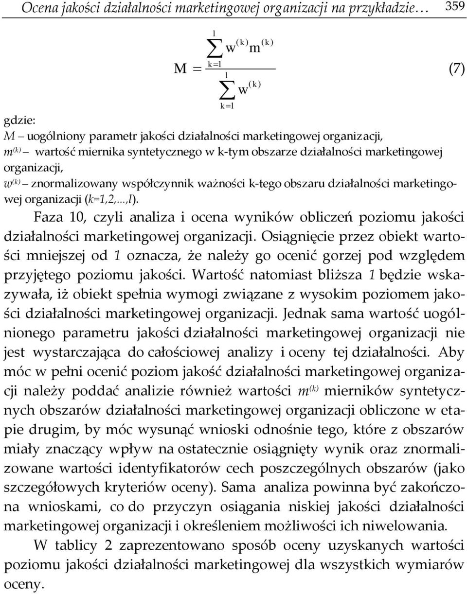 Faza 10, czyli analiza i ocena wyników obliczeń poziomu jakości działalności marketingowej organizacji.