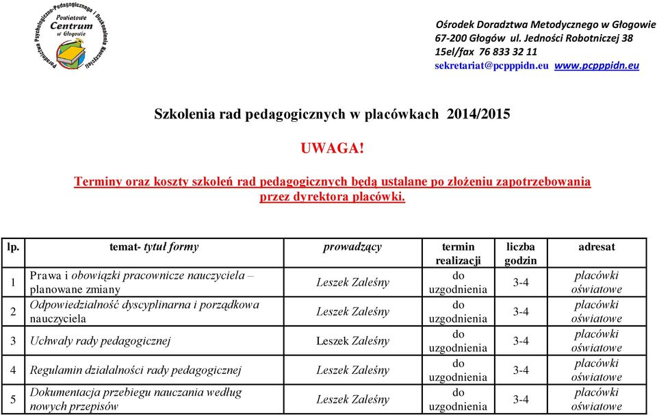 lp. temat- tytuł formy prowadzący termin realizacji 1 Prawa i obowiązki pracownicze nauczyciela Leszek Zaleśny planowane zmiany 2 Odpowiedzialność dyscyplinarna i porządkowa Leszek