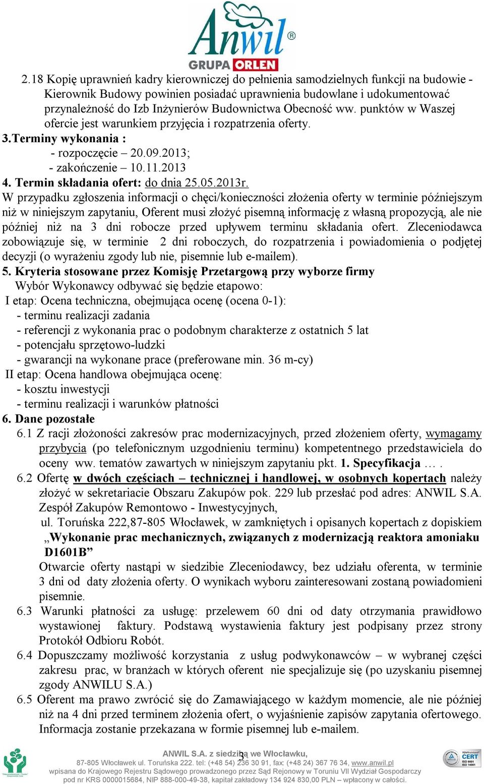 Termin składania ofert: do dnia 25.05.2013r.