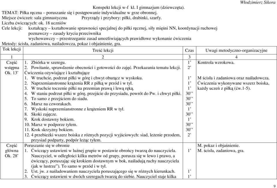 18 uczniów Cele lekcji: kształcący kształtowanie sprawności specjalnej do piłki ręcznej, siły mięśni NN, koordynacji ruchowej poznawczy zasady krycia przeciwnika wychowawczy przestrzeganie zasad